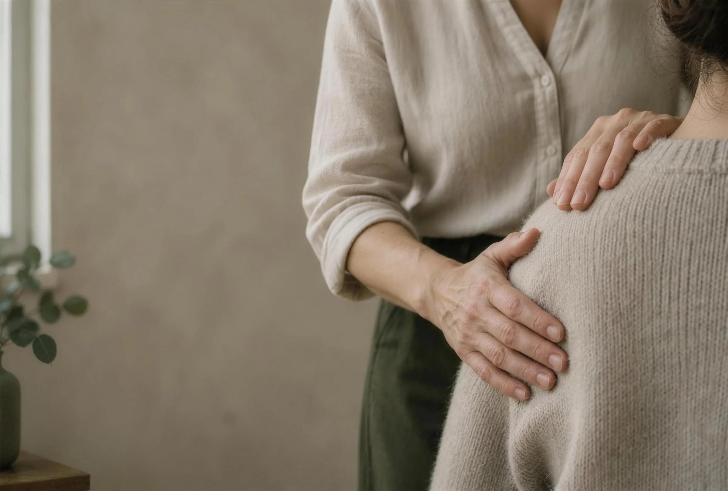 Zwei Hände liegen ruhig auf der Schulter einer sitzenden Person im Strickpullover